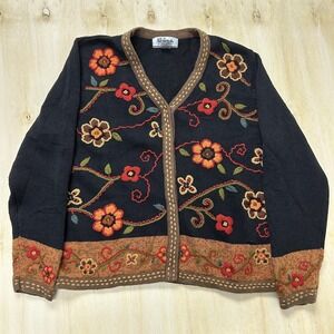 Vintage All Points Cardigan Womens Medium Black Floral Embroidered Sweater